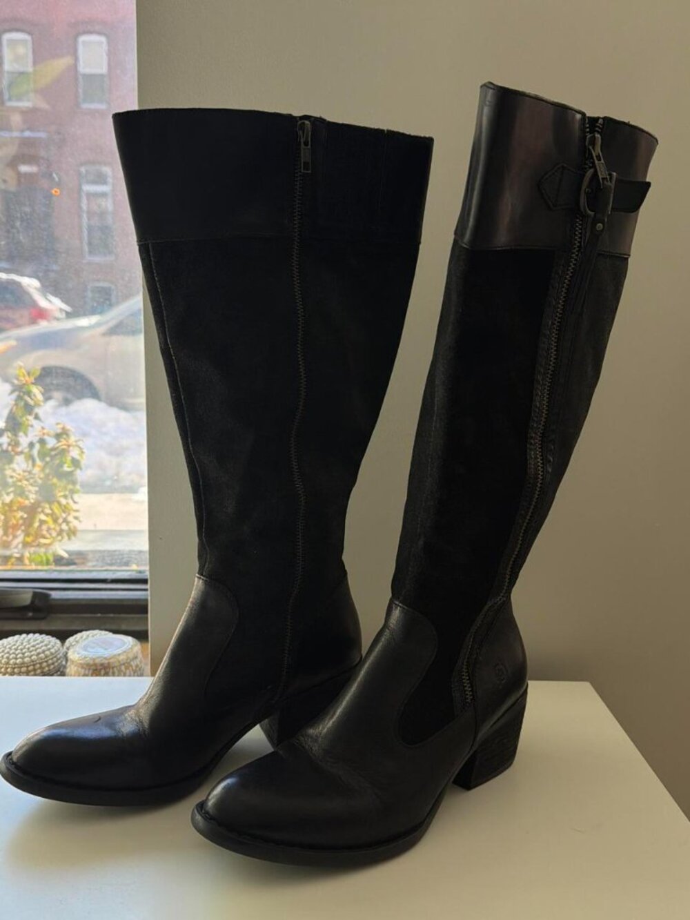 Born Black Leather Knee-High Boots with Zipper